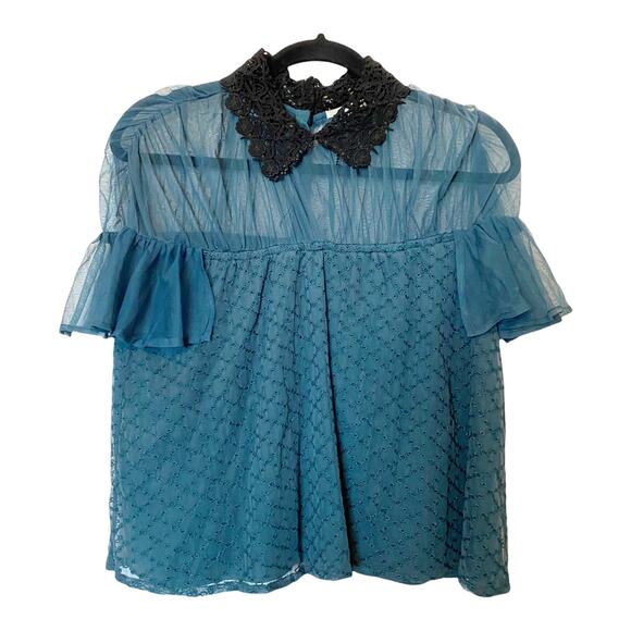 Tularosa Teal Textured Blouse Size XS Aritzia Dark Academia Sheer Tulle Lace - Picture 1 of 11